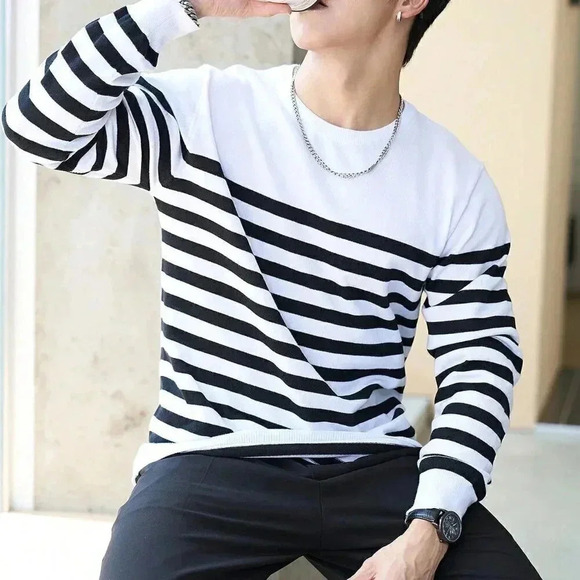 Black And White Casual Mens Striped Pattern Sweater - Picture 1 of 5